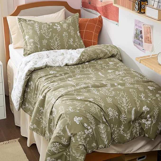 Refined Bedsure Twin Twin XL Comforter Set - Olive Green Bed Set 2 Pieces Cute Floral Bedding 1 Soft Reversible Botanical Flowers Comforter and 1 Pillow Sham Sophisticated