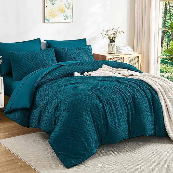 Natural Andency Oversized Queen Comforter Set 7 Piece Teal - Bed in a Bag Oversized Queen Boho Lightweight Fluffy Tufted Bedding Sets with Comforter Sheets Pillowcases amp Shams Traditional