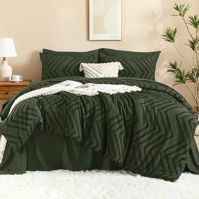 Pure Litanika Full Size Comforter Sets with Sheets Dark Olive Green - 7 Pieces Bed in a Bag Full Chevron Tufted Complete Bedding Sets with Comforter Sheets Pillowcases amp Shams Secure