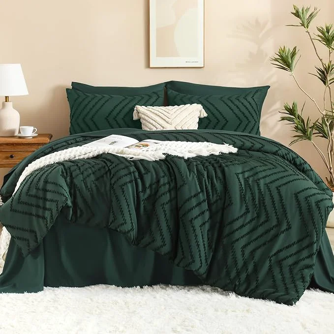 Clean Litanika Super King Plus Size Comforter Set with Sheets Emerald Green - 7 Pieces Bed in a Bag Oversized King Boho Tufted Complete Bedding Sets with Comforter Sheets Pillowcases amp Shams Expertly Made