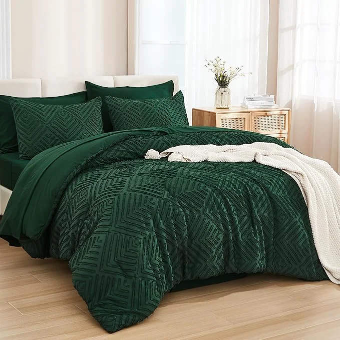 Sustainable Andency Oversized King Comforter Set Dark Emerald Green - 7 Pieces Bed in a Bag Super King Bedding Sets Boho Tufted Lightweight Fluffy Bed Set with Comforter Sheets Pillowcases amp Shams Artisan