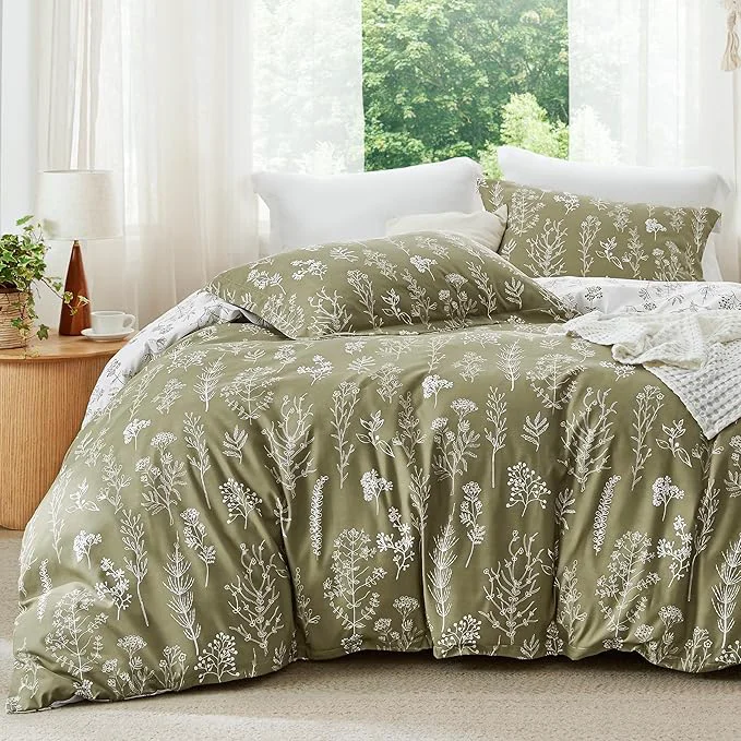 Excellent Bedsure Queen Comforter Set - Olive Green Bed Set 3 Pieces Cute Floral Bedding 1 Soft Reversible Botanical Flowers Comforter and 2 Pillow Shams Long-Lasting