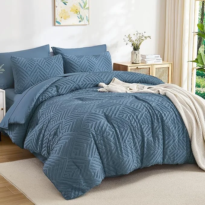 Next-Generation Andency Super King Plus Comforter Set Ocean Blue - 7 Pieces Bed in a Bag Oversized King Bedding Sets Boho Tufted Lightweight Fluffy Bed Set with Comforter Sheets Pillowcases amp Shams First-Class