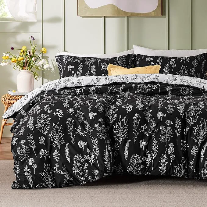 Genuine Bedsure Queen Comforter Set - Black Bed Set 3 Pieces Cute Floral Bedding 1 Soft Reversible Botanical Flowers Comforter and 2 Pillow Shams Premium Material