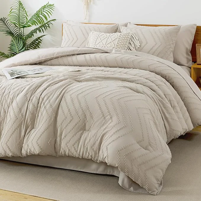 Exceptional Litanika King Size Comforter Set with Sheets Beige - 7 Pieces Bed in a Bag King Chevron Tufted Boho Luxury Bedding Sets with Comforter Sheets Pillowcases amp Shams Solid