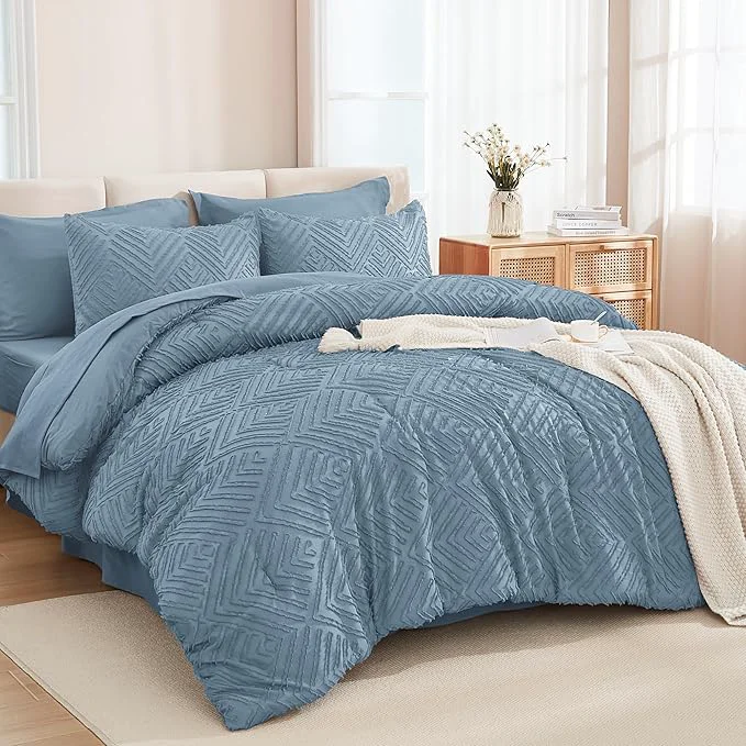 Advanced Andency Oversized Queen Size Comforter Set with Sheets Grayish Blue - 7 Pieces Bed in a Bag Oversized Queen Boho Tufted Lightweight Bedding Sets with Comforter Sheets Pillowcases amp Shams Recyclable