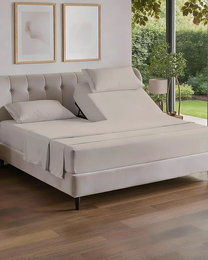 Flexible Flex Top Split Head King 4 Piece Sheet Set - Comfy Breathable amp Cooling Bed Sheets Set - Hotel Luxury Bedding for Women Men Kids Teens Boys amp Girls - Deep Pockets Soft and Oeko-Tex - Light Grey Enhanced