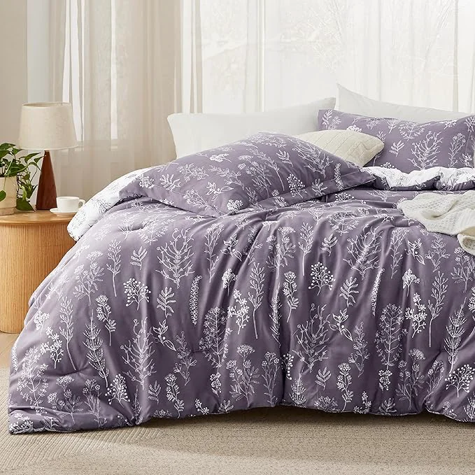 Safe Bedsure Full Comforter Set - Grayish Purple Bed Set 3 Pieces Cute Floral Bedding 1 Soft Reversible Botanical Flowers Comforter and 2 Pillow Shams Eco-Friendly