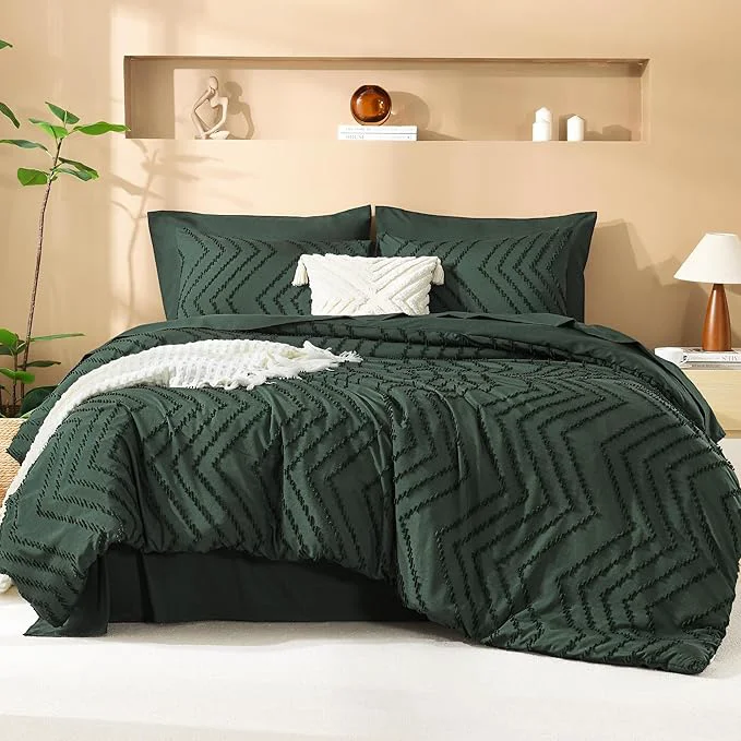 Organic Litanika Forest Green King Size Comforter Set with Sheets - 7 Pieces Bed in a Bag King Boho Tufted Complete Bedding Sets with Comforter Sheets Pillowcases amp Shams Excellent