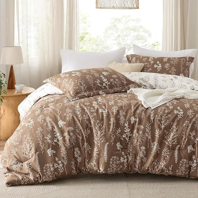 Comfortable Bedsure Twin Twin XL Comforter Set - Brown Bed Set 2 Pieces Cute Floral Bedding 1 Soft Reversible Botanical Flowers Comforter and 1 Pillow Shams Artisan