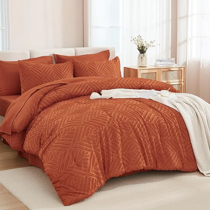 Fast Andency Burnt Orange Full Size Comforter Set with Sheets - 7 Pieces Bed in a Bag Terracotta Boho Tufted Bedding Sets Rust Full Bed Set with Comforter Sheets Pillowcases amp Shams for All Season Trendy