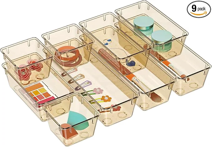 Minimalist WOWBOX 9 Pack Clear Drawer Organizer Set Acrylic Drawer Storage Trays Stylish