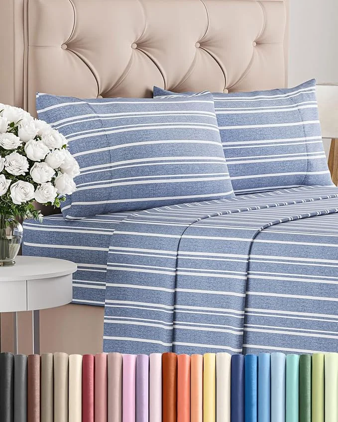 Advanced Full Size 4 Piece Sheet Set - Comfy Breathable amp Cooling Bed Sheets Set - Hotel Luxury Bedding for Women Men Kids Teens Boys amp Girls - Deep Pockets Soft Wrinkle - Oeko-Tex - Blue Stripes 3 Elite