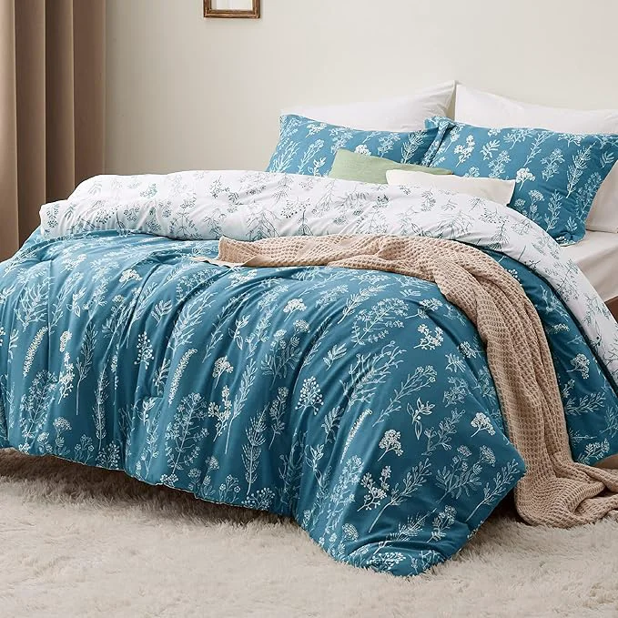 Classic Bedsure King Comforter Set - Teal Blue Bed Set 3 Pieces Cute Floral Bedding 1 Soft Reversible Botanical Flowers Comforter and 2 Pillow Shams Selected