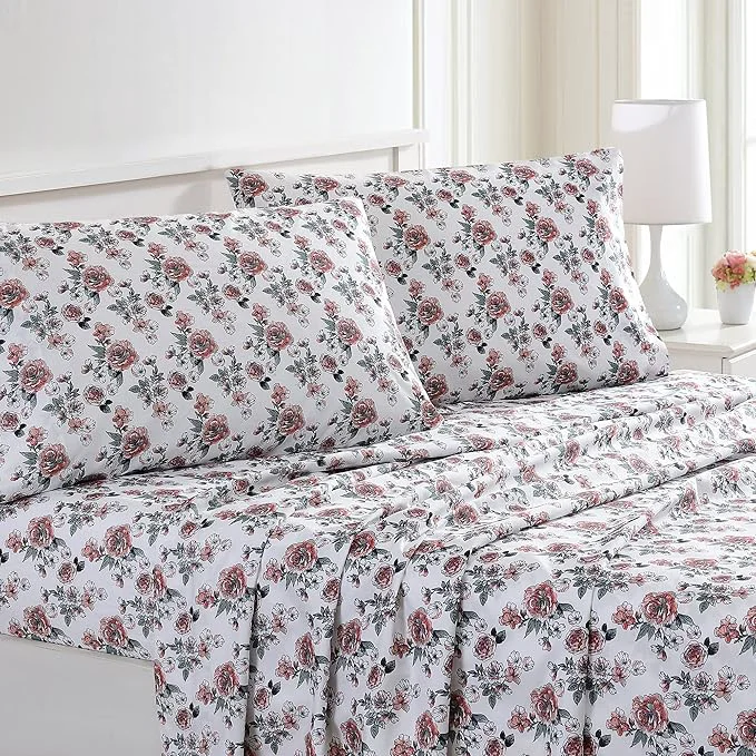 Advanced Modern Threads Printed 4-Piece Extra Soft Bedding Sheets amp Pillowcase Set Deep Pocket up to 16 inch Mattress Rose Bloom Queen Fine