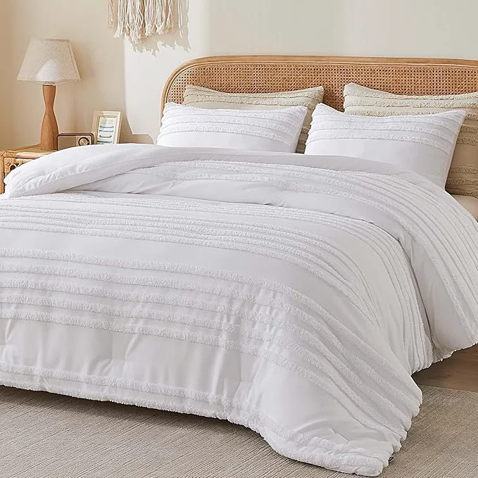 Trusted BEDELITE Boho Comforter Set Queen Size White Tufted Striped Bed Set 3 Pieces Soft Vintage Farmhouse Comforter for All Seasons Boho Home Decor Fluffy Jacquard Bedding with 2 Pillow Shams Detailed