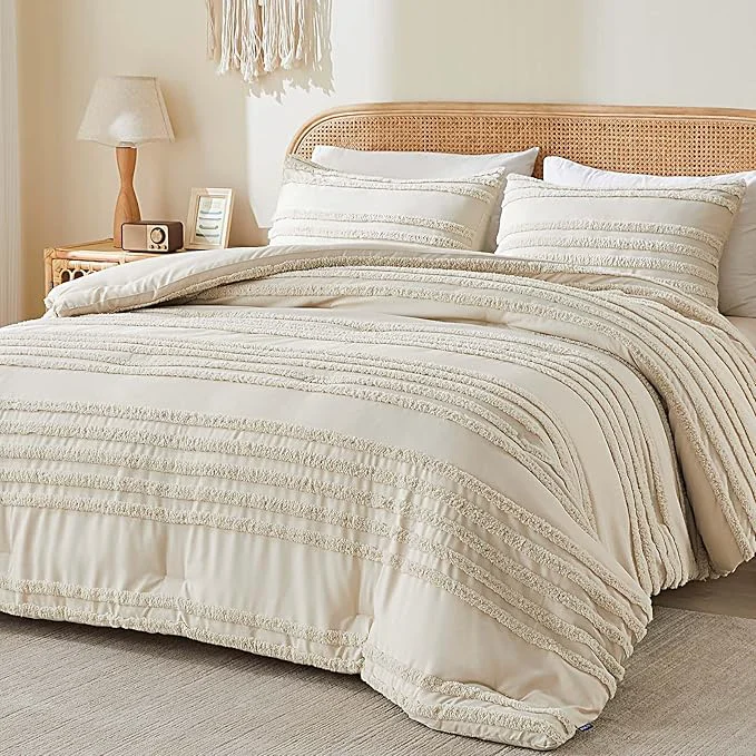 Unique BEDELITE Boho Comforter Set Queen Size Beige Tufted Boho Bed Set 3 Pieces Soft amp Lightweight Comforter for All Seasons Jacquard Farmhouse Bedding Set with 2 Pillow Shams Refined