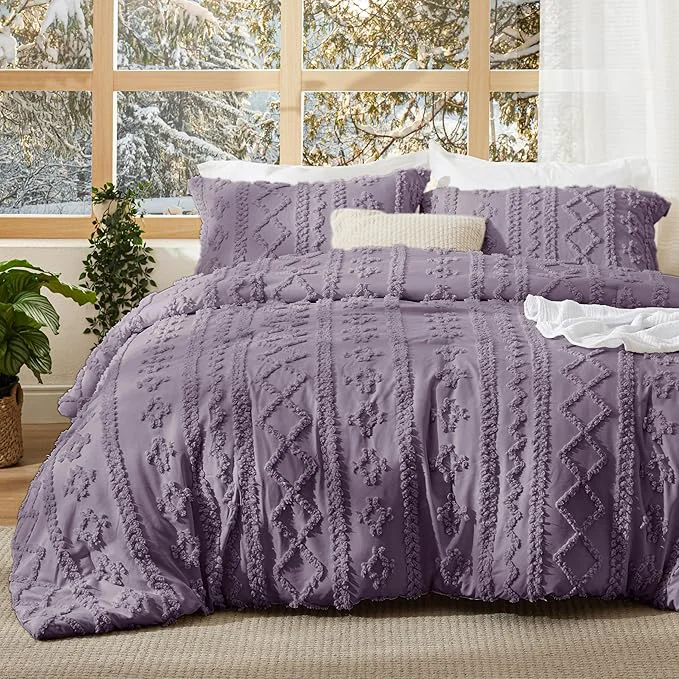 Casual Bedsure Tufted Boho Comforter Set Queen Size - Grayish Purple Boho Bed Set GentleSoft™ 3 Pieces Farmhouse Shabby Chic Embroidery Bedding Gifts for Woman Jacquard Queen Comforter for All Seasons Reliable