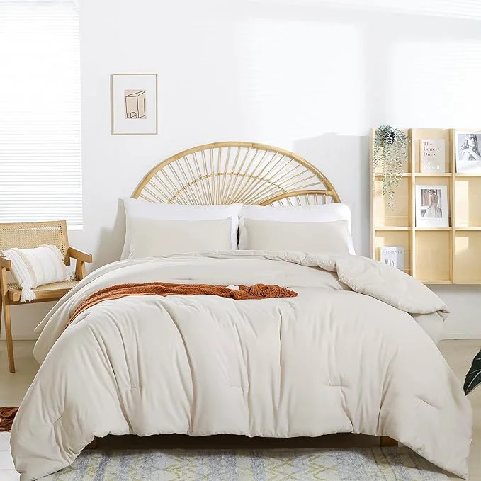 Smart weigelia Beige Comforter Set King Size - 3 Pieces Lightweight Solid Bedding Comforter Set - All Season Fluffy Microfiber Bed Set 1 Comforter 2 Pillowcases Secure
