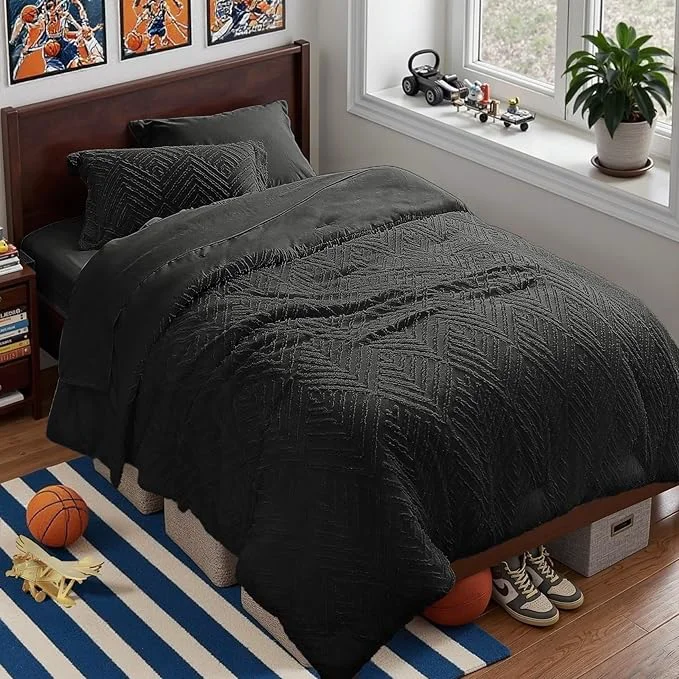 Genuine Zzlpp Twin Comforter Set 5 Pieces Black Tufted Bed in a Bag with Comforter and Sheets All Season Boho Bedding Sets with 1 Comforter 1 Pillow Sham 1 Pillowcase 1 Flat Sheet 1 Fitted Sheet Quality