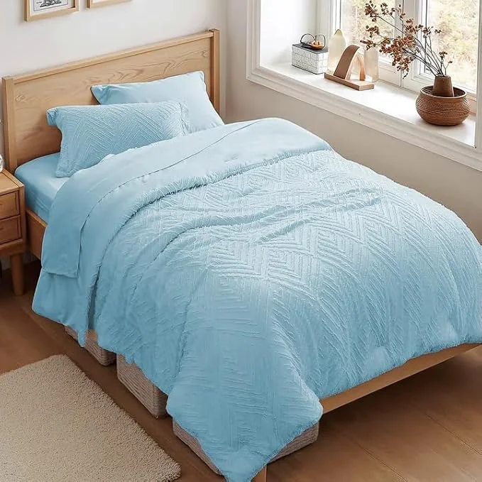 Authentic Zzlpp Twin Comforter Set 5 Pieces Light Blue Tufted Bed in a Bag with Comforter and Sheets All Season Boho Bedding Sets with 1 Comforter 1 Pillow Sham 1 Pillowcase 1 Flat Sheet 1 Fitted Sheet Smooth