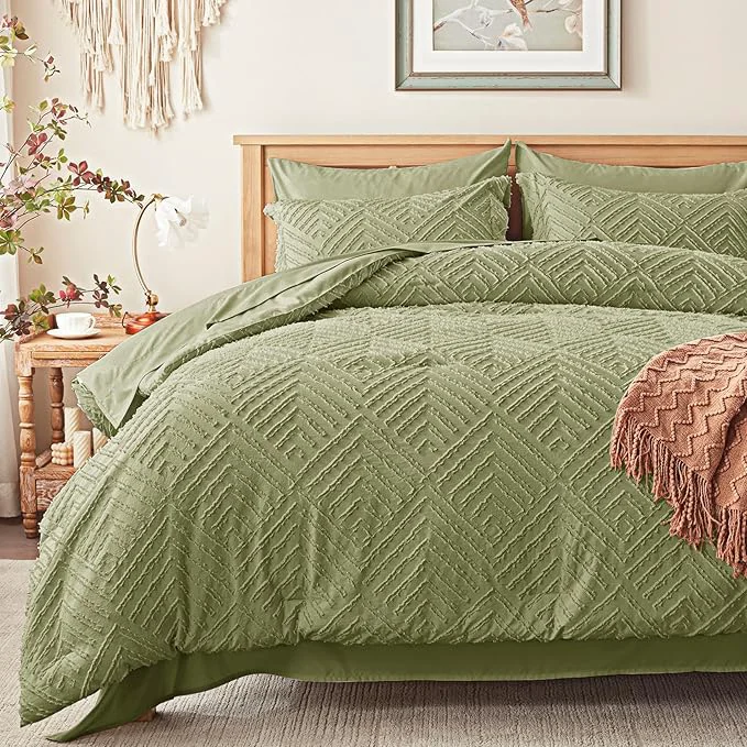 Specialty Zzlpp King Comforter Set 7 Pieces Army Green Tufted Bed in a Bag with Comforter and 2 Sheets All Season Boho Bedding Sets with 1 Comforter 2 Pillow Shams 2 Pillowcases Premium Material