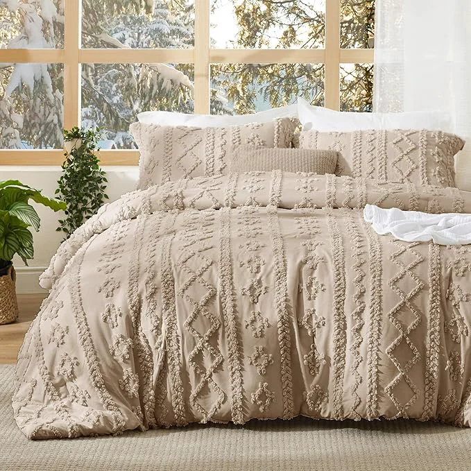 Verified Bedsure Tufted Boho Comforter Set Oversized Queen - Khaki Boho Bed Set GentleSoft™ 3 Pieces Farmhouse Shabby Chic Embroidery Bedding Gifts for Woman Soft Jacquard Comforter for All Seasons Artisan