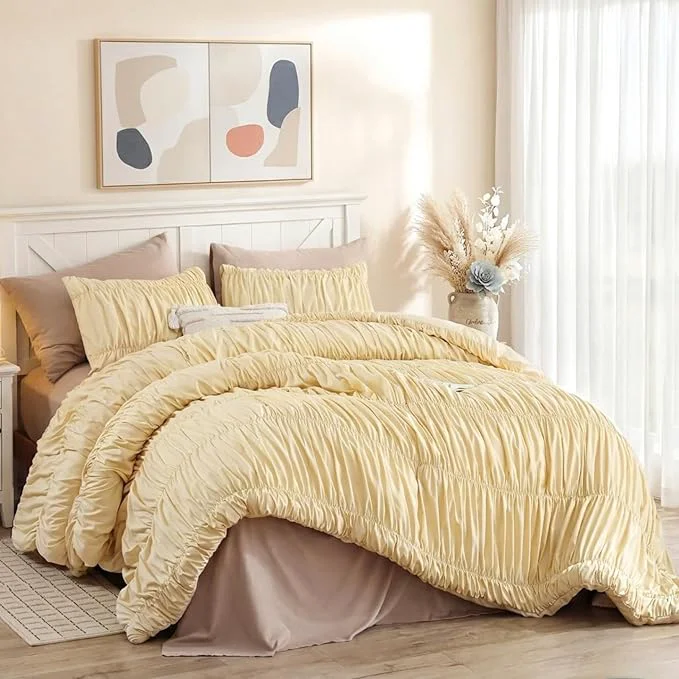 Official weigelia Cinched Comforter Set Full – Soft Girl Ruched Bedding Set 3PCS Light Yellow All-Season Fluffy Lightweight Comforter with Pillowcases for Bedroom Apartment amp Dorm Decor Classic