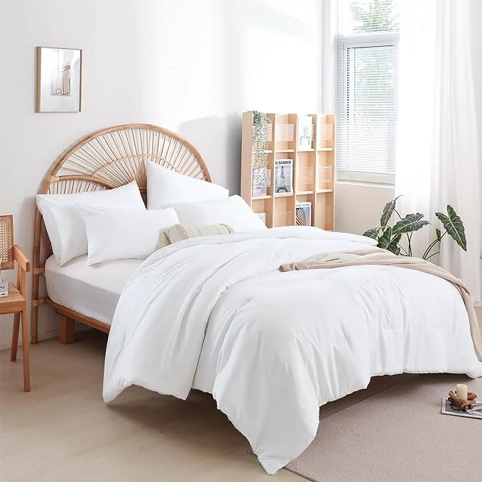 Casual weigelia Twin Comforter Set White Comforter 2 Pieces Boho Solid Color Bedding Comforter Set for All Season Soft Lightweight Microfiber Reversible Comforter Set 1 Comforter 1 Pillowcase First-Class