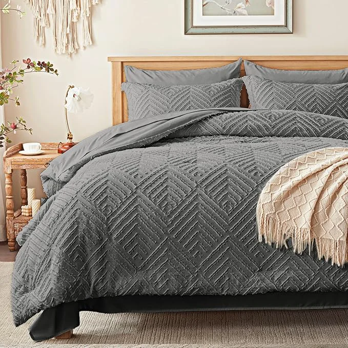 First-Class Zzlpp King Comforter Set 7 Pieces Dark Grey Tufted Bed in a Bag with Comforter and Sheets All Season Boho Bedding Sets with Comforter 2 Pillow Shams 2 Pillowcases 1 Flat Sheet 1 Fitted Sheet Contemporary