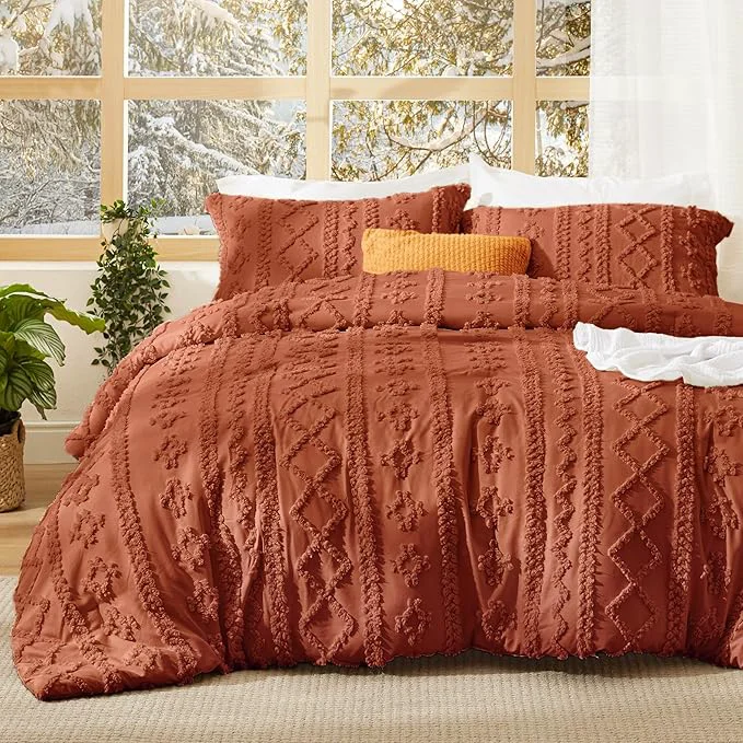 Top-Quality Bedsure Tufted Boho Comforter Set Queen Size - Terracotta Boho Bed Set GentleSoft™ 3 Pieces Farmhouse Shabby Chic Embroidery Bedding Gifts for Woman Soft Jacquard Queen Comforter for All Seasons Quality
