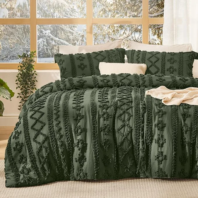 Environmentally Friendly Bedsure Tufted Boho Comforter Set California King - Olive Green Boho Bed Set GentleSoft™ 3 Pieces Farmhouse Shabby Chic Embroidery Bedding Gifts for Woman Soft Jacquard Comforter for All Seasons Classic