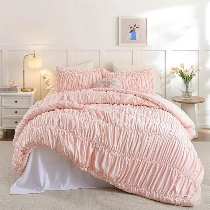 Artisan weigelia Cinched Comforter Set Full - 3PCS Soft Cozy Blush Pink Full Bedding Set with Decorative Ruched Design Fluffy Lightweight All Season Cute Comforter for Elegant Home amp Bedroom Decor Comfortable