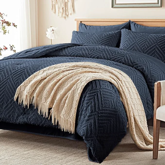 Excellent Zzlpp King Comforter Set 7 Pieces Navy Blue Tufted Bed in a Bag with Comforter and Sheets All Season Boho Bedding Sets with Comforter 2 Pillow Shams 2 Pillowcases 1 Flat Sheet 1 Fitted Sheet Consistent