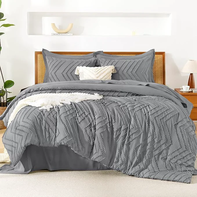 Casual Litanika California King Size Comforter Set with Sheets Medium Gray - 7 Pieces Bed in a Bag Cal King Chevron Tufted Complete Bedding Sets with Comforter Sheets Pillowcases amp Shams Genuine
