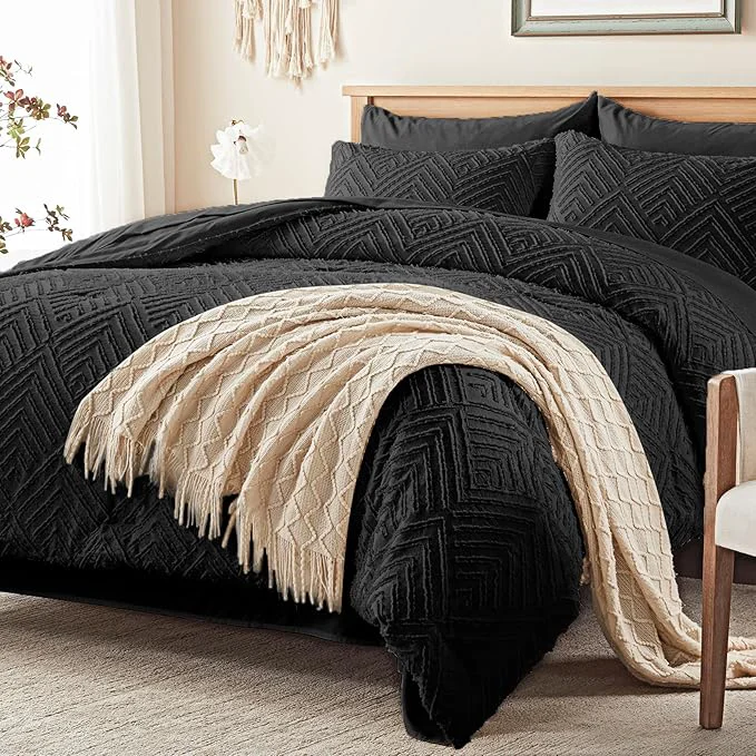 Traditional Zzlpp Full Comforter Set 7 Pieces Black Tufted Bed in a Bag with Comforter and Sheets All Season Boho Bedding Sets with Comforter 2 Pillow Shams 2 Pillowcases 1 Flat Sheet 1 Fitted Sheet Versatile