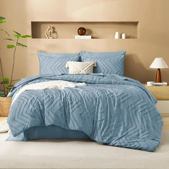 High-Performance Litanika Grayish Blue King Size Comforter Set with Sheets - 7 Pieces Bed in a Bag King Chevron Tufted Complete Bedding Sets with Comforter Sheets Pillowcases amp Shams Fashionable