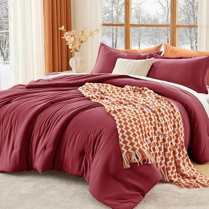 Stylish MUXHOMO King Size Comforter Set All Season Ultra Soft Down Bedding - 3 Piece Lightweight Bed Set Includes 1 Comforter 104 quot x90 quot and 2 Pillow Shams 20 quot x36 quot Burgundy Red Advanced