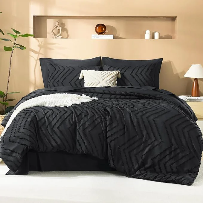 Crafted Litanika California King Comforter Set with Sheets Black - 7 Pieces Bed in a Bag Cal King Boho Tufted Complete Bedding Sets with Comforter Sheets Pillowcases amp Shams Proven