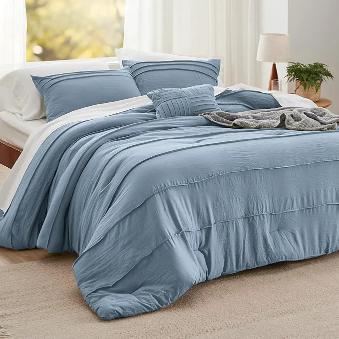 High-Performance Bedsure Queen Comforter Set - 4 Pieces Pinch Pleat Bed Set Light Blue Boho Bedding for All Season 1 Soft Comforter 2 Pillowcases 1 Decorative Pillow Trusted