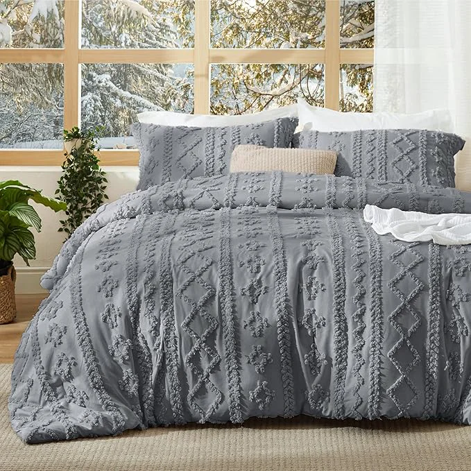 Selected Bedsure Tufted Boho Comforter Set Queen Size - Grey Boho Bed Set GentleSoft™ 3 Pieces Farmhouse Shabby Chic Embroidery Bedding Gifts for Woman Soft Jacquard Queen Comforter for All Seasons World-Class