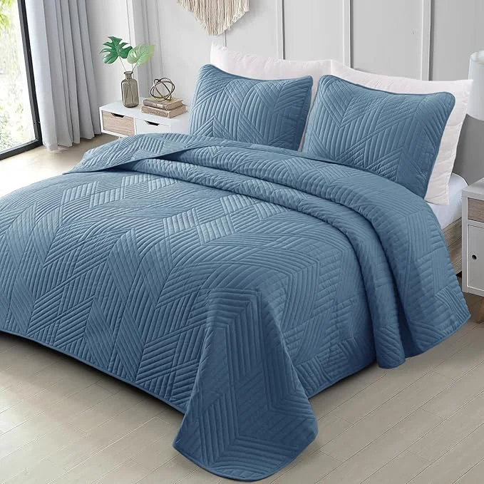 Authentic Exclusivo Mezcla Ultrasonic King Quilt Bedding Set Lightweight Grayish Blue Bedspreads Soft Modern Geometric Coverlet Set for All Seasons 1 Quilt and 2 Pillow Shams Certified