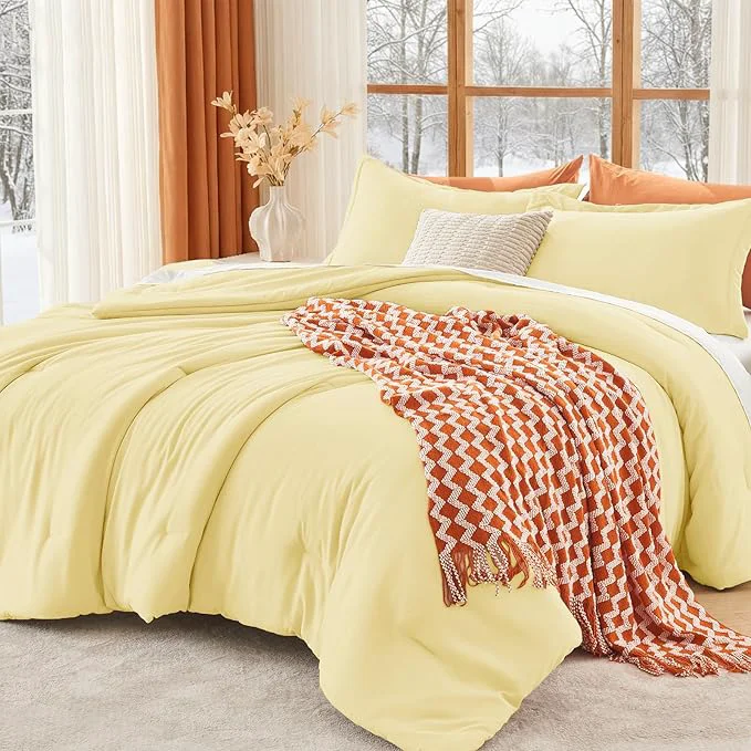 Crafted MUXHOMO King Size Comforter Set All Season Ultra Soft Down Bedding - 3 Piece Lightweight Bed Set Includes 1 Comforter 104 quot x90 quot and 2 Pillow Shams 20 quot x36 quot Cream Yellow Unique