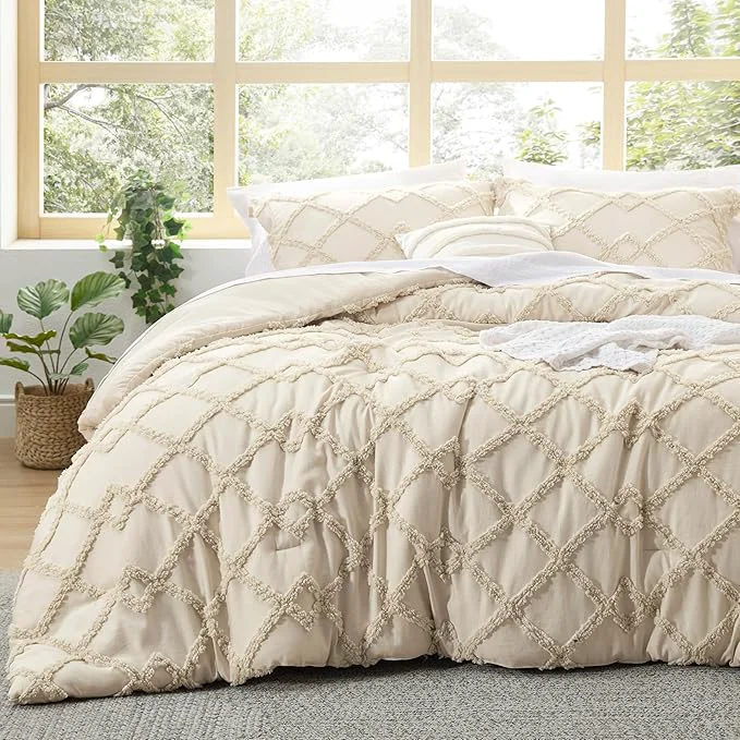 Superior Bedsure Boho Comforter Set Queen - Beige Tufted Queen Size Comforter 3 Pieces Farmhouse Shabby Chic Embroidery Bed Set Soft Fluffy Geometric Pattern Bedding for All Seasons Fashionable