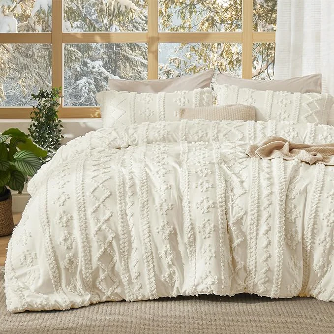 Eco-Friendly Bedsure Tufted Boho Comforter Set Full Size - Ivory Boho Bed Set GentleSoft™ 3 Pieces Farmhouse Shabby Chic Embroidery Bedding Gifts for Woman Soft Jacquard Full Comforter for All Seasons Breathable