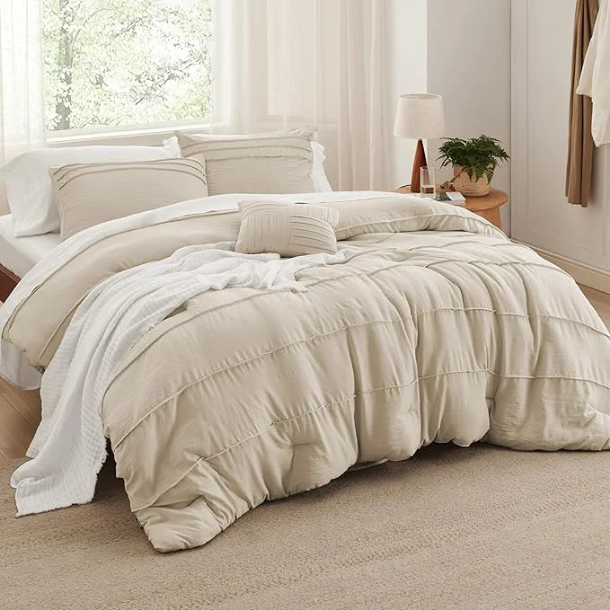 Original Design Bedsure Twin Comforter Set - 3 Pieces Pinch Pleat Bed Set Linen Boho Bedding for All Season 1 Soft Comforter 1 Pillowcase 1 Decorative Pillow Exceptional