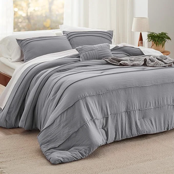 Minimalist Bedsure Queen Comforter Set - 4 Pieces Pinch Pleat Bed Set Grey Boho Bedding for All Season 1 Soft Comforter 2 Pillowcases 1 Decorative Pillow Professional