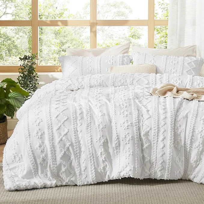 Versatile Bedsure Tufted Boho Comforter Set Twin Size - Bright White Boho Bed Set GentleSoft™ 2 Pieces Farmhouse Shabby Chic Embroidery Bedding Gifts for Woman Soft Jacquard Twin Comforter for All Seasons Convenient