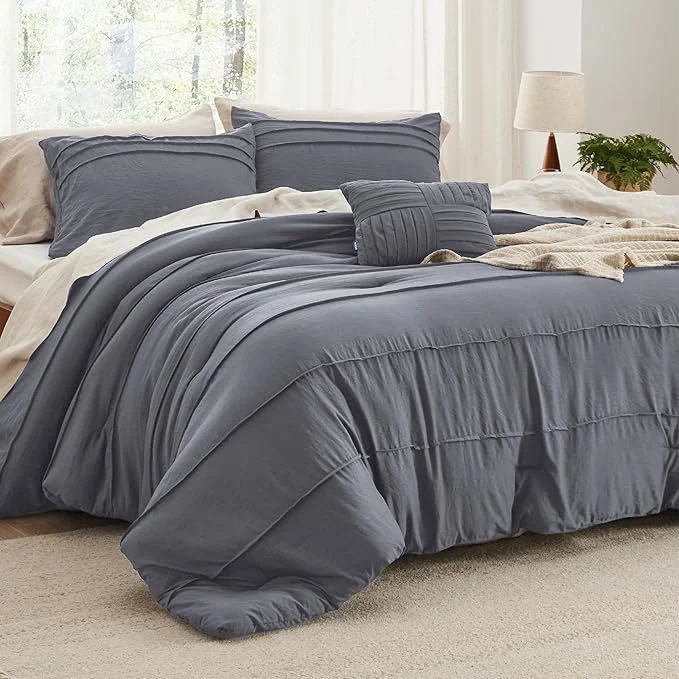 Environmentally Friendly Bedsure California King Comforter Set - 4 Pieces Pinch Pleat Bed Set Dark Grey Boho Bedding for All Season 1 Soft Comforter 2 Pillowcases 1 Decorative Pillow Selected
