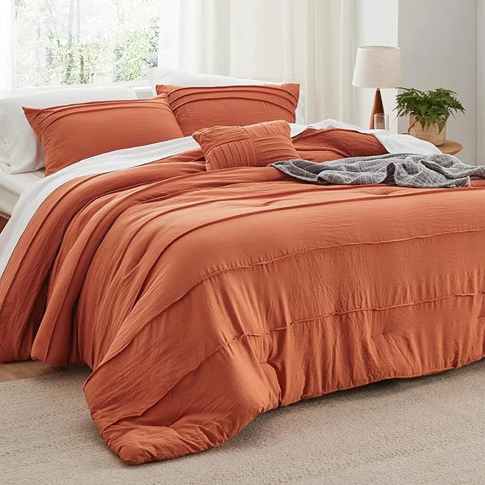 Traditional Bedsure California King Comforter Set - 4 Pieces Pinch Pleat Bed Set Burnt Orange Boho Bedding for All Season 1 Soft Comforter 2 Pillowcases 1 Decorative Pillow High-End